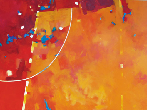 "Random in Orange" (acrylic on canvas, 36x48) by Mark E. Mehaffey; article on how to paint an abstract painting